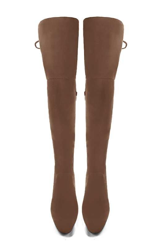 Chocolate brown women's leather thigh-high boots. Round toe. High block heels. Made to measure. Top view - Florence KOOIJMAN